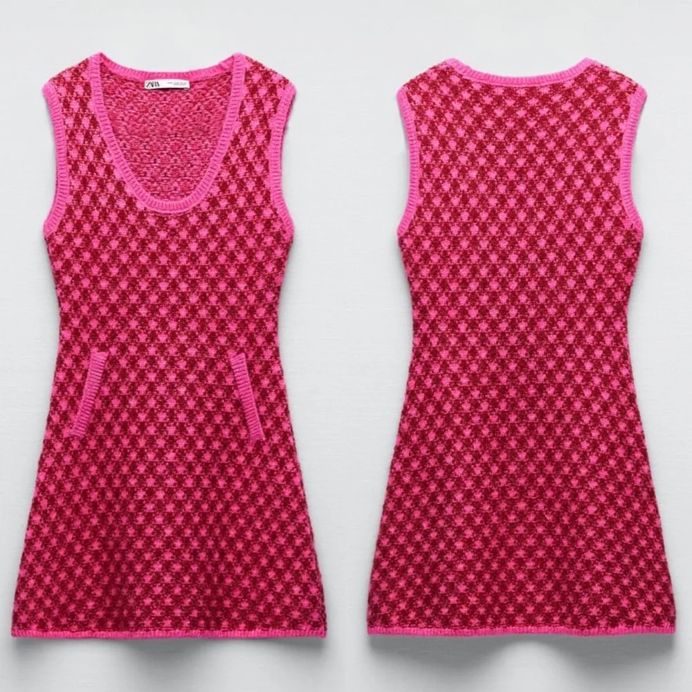 Zara PLAID KNIT Sleeveless Mini A-Line Dress w/ Round Neckline Size S Pink NEW - Picture 15 of 16